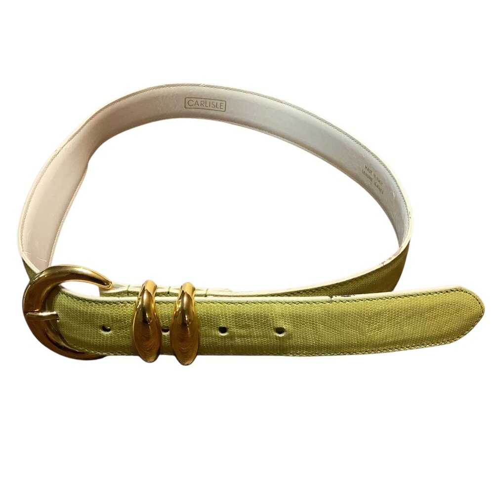 Vtg Carlisle Leather Women Medium Belt Gold Buckle Yellow‎ Made In Italy